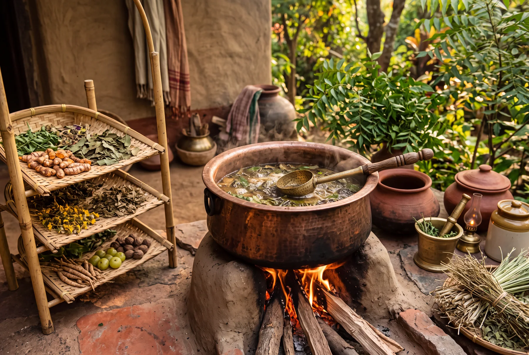 Herbal oil being slow-cooked in a copper cauldron